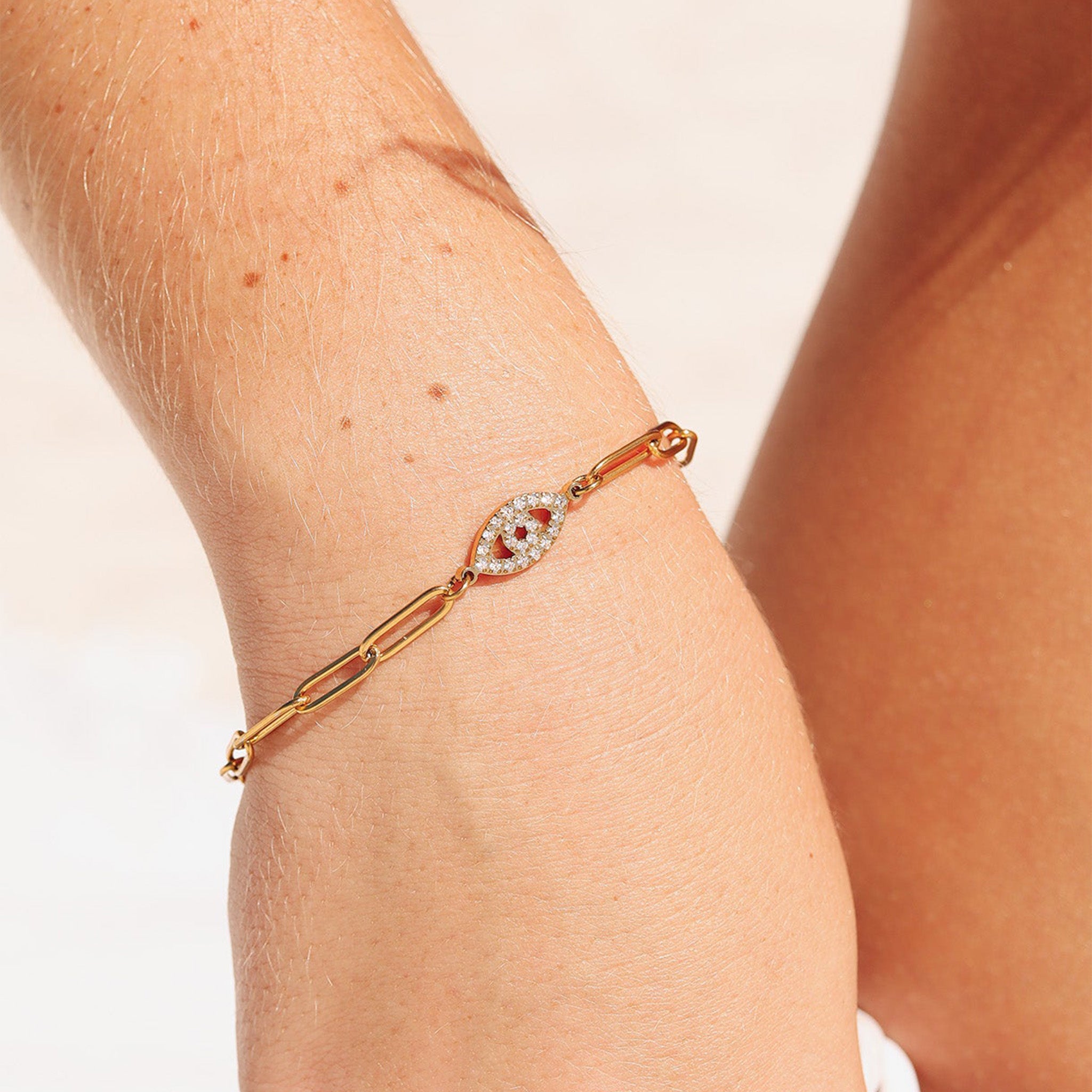 18K Gold "Evil Eye" Paperclip Chain Bracelet