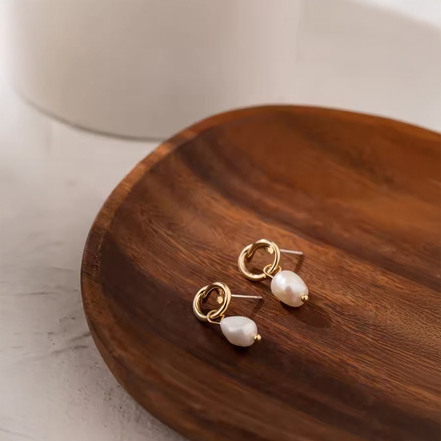 18K Gold PVD Minimalist Drop Earrings w/ Natural Pearl